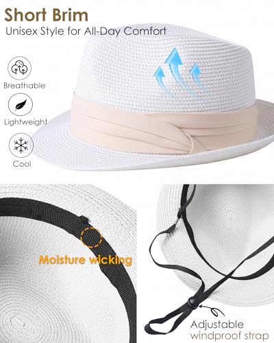 Straw Sun Hat for Men Women Short Brim Beach Trilby Hat UPF 50+ - color: White