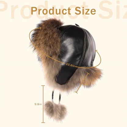 Women Real Fur Trapper Hat Sheepskin Leather Aviator Hat Ear Flaps Ushanka Hat Snow Hat with Pom Pom - color: Raccoon