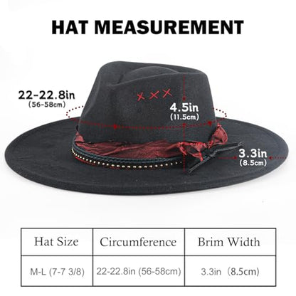 Big Brim Fedora Mens Women Boho Hat Handmade Dress Up Hats - color: Blackred