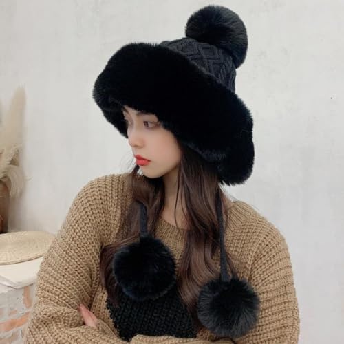 Winter Pompom Beanie Hats for Women Fluffy Knit Skull Cap Womens Faux Fur Crochet Warm Bucket Outdoor Ear Cover - color: Black