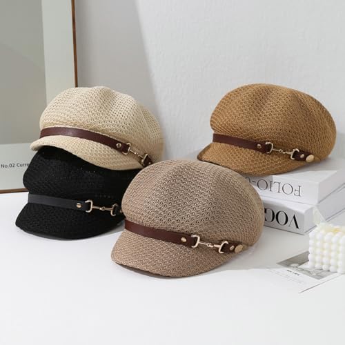 Molodo Womens Summer Breathable Newsboy Hat Lightweight Short Brim Cap with Decorative Strap for Casual Outdoor Style - color: Khaki