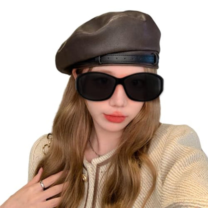 MINGSEECESS Women PU Leather French Black Beret Hat Causal Beanie Hat - color: Belt-light Brown