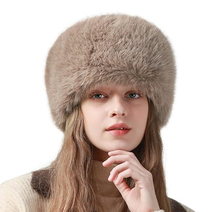 Peicees Winter Faux Fur Hat for Women Russian Style Ladies Ushanka Warm Fluffy Bucket Hat Fuzzy Furry Cap - color: Khaki