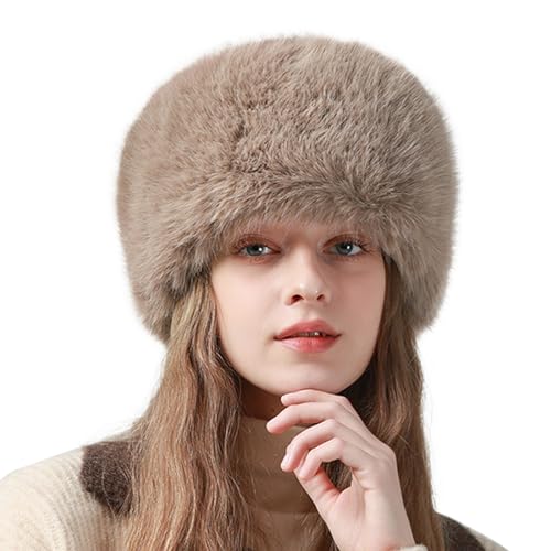 Peicees Winter Faux Fur Hat for Women Russian Style Ladies Ushanka Warm Fluffy Bucket Hat Fuzzy Furry Cap - color: Khaki