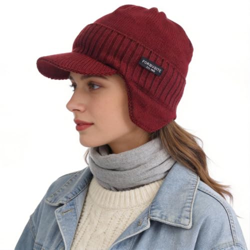 Ruphedy Mens Beanie with Brim Winter Hat Knitted Thick Fleece Visor Beanie - color: B323-claret