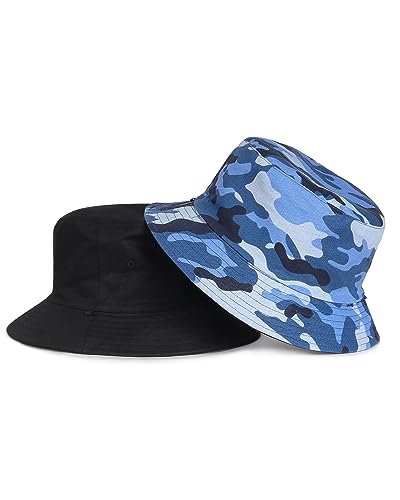 Zylioo XXL Bucket Hat for Big Heads, Reversible Fishing Sun Hat - color: Black-blue Camo, size: Large-X-Large