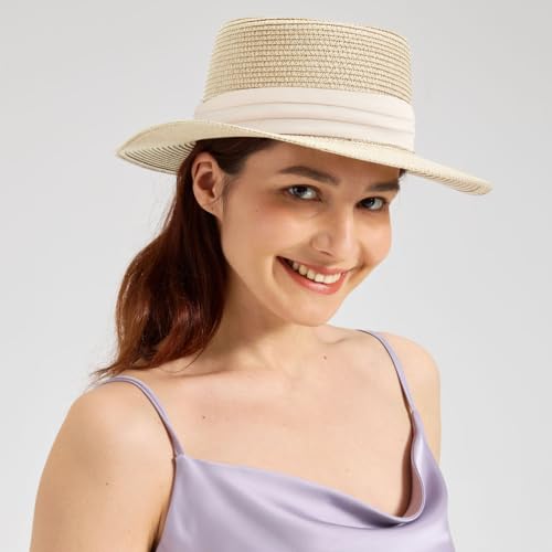 Womens Summer Straw Sun Hat Wide Brim Beach Hat with Wind Lanyard - color: Beige With Beige Band