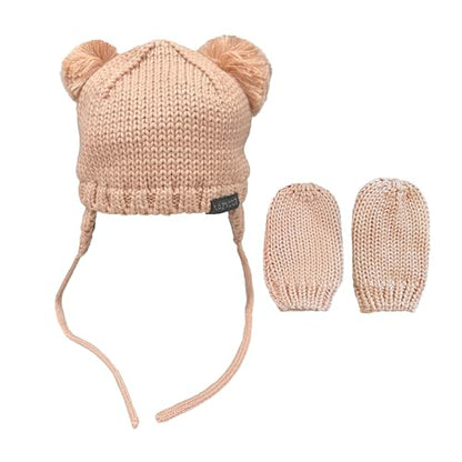 Knitted Colorful Double Pom-Pom Baby Hat and Mittens Set|Warm Winter Newborn Essentials for Boys and Girls 0-6 Months - color: Pink