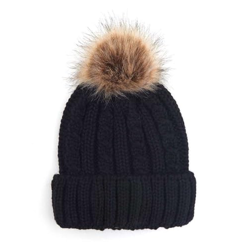 C.C Kids' Suede Patch Snuggly Soft Warm Knit Pom Cuff Beanie - color: Cable Knit Faux Fur, Black