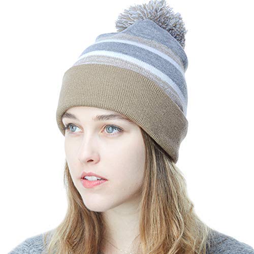 Winter Knit Beanie Hat with Pom Pom – Warm Cuffed Slouch Ski Cap for Men & Women - color: 1.khaki and Grey With Pom