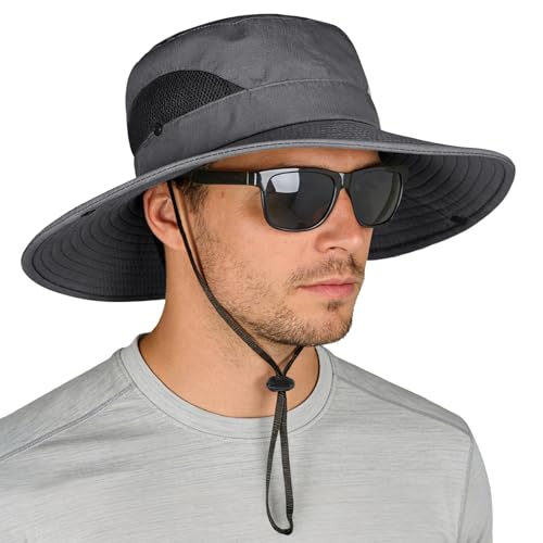 ZOORON Sun Hats for Men Women, Wide Brim Safari Hats UV Protection UPF50+ Waterproof Boonie Hats for Fishing Hiking Camping - color: 1pack-dark Gray