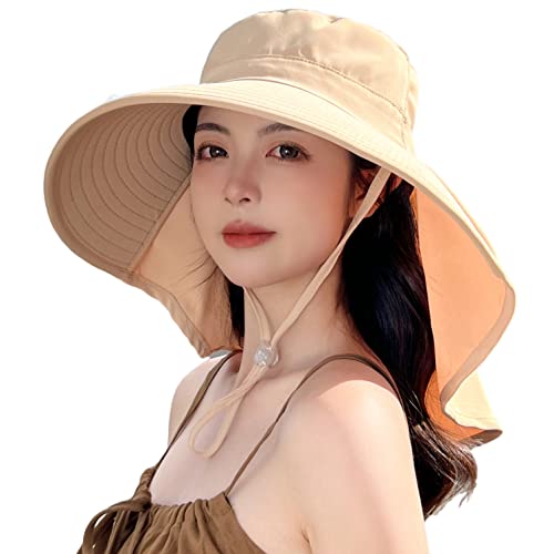 HUAMULAN Women Wide Brim Summer Sun Hat Ponytail Hole with Neck Flap - color: Bg8112-kakhi