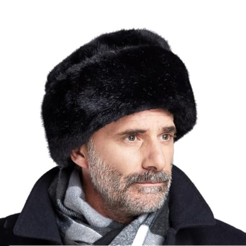 Men Winter Trapper Hat Faux Mink Fur Trooper Hat Russian Ushanka Cossack Hunting Dad Hat Outdoor Ski Snow Cap - color: Black