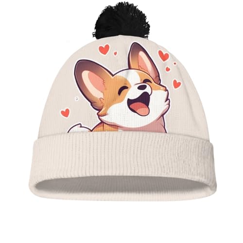 Girls Boys Winter Warm Knit Beanie Pompom Elasticity Slouchy Hat Skull Caps for Childrens - color: Beige Corgi