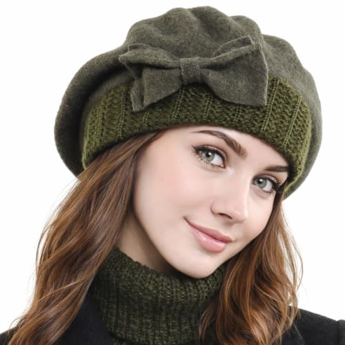 Women Knit 100% Wool Beret Artist Winter French Beret Hats - color: Green