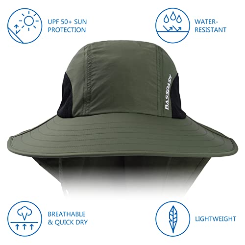 BASSDASH UPF 50+ Unisex Water Resistant Wide Brim Sun Hat with Large Neck Flap Ponytail Fishing Hat for Men Women - color: Army Green