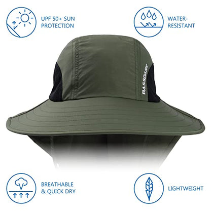 BASSDASH UPF 50+ Unisex Water Resistant Wide Brim Sun Hat with Large Neck Flap Ponytail Fishing Hat for Men Women - color: Army Green