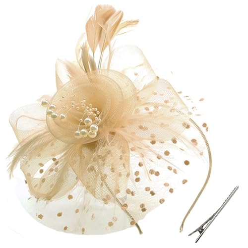 WLBON Fascinators Hat 20s 50s Headband Hair Clips Flower Mesh Veil Feather Headpiece Headwear Women Halloween Carnival Cocktail Wedding Church Cosplay Dress Up Birthday Tea Party Accessories Khaki - color: Khaki