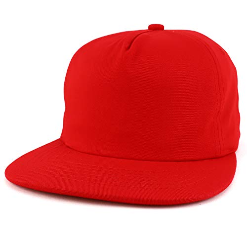 Trendy Apparel Shop Plain Unstructured 5 Panel Flat Bill Snapback Baseball Cap - color: Red