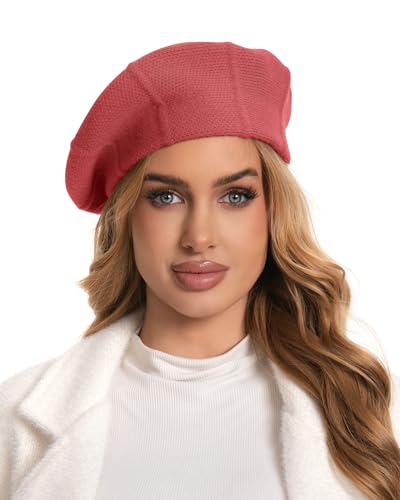 Women's Soft Wool Blend Beret Hat - 90% Wool / 10% Acrylic - No Itch, Elegant Slouchy Ribbed Knit Beret for Women - color: Pink