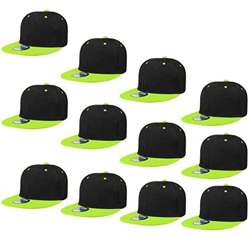Falari Wholesale 12 Pack Snapback Hat Cap Hip Hop Style Flat Bill Blank Solid Color Adjustable Size - color: 12-pack Black/Neongreen