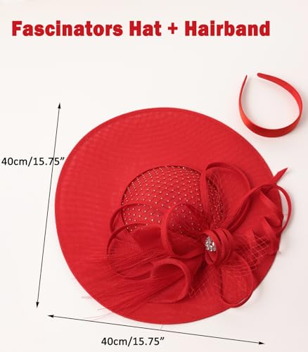 Unpifolov Fascinators Hats Elegant Women Flower Mesh Feathers Wedding Cocktail Bride Headband for Derby Hat Tea Party - color: Red