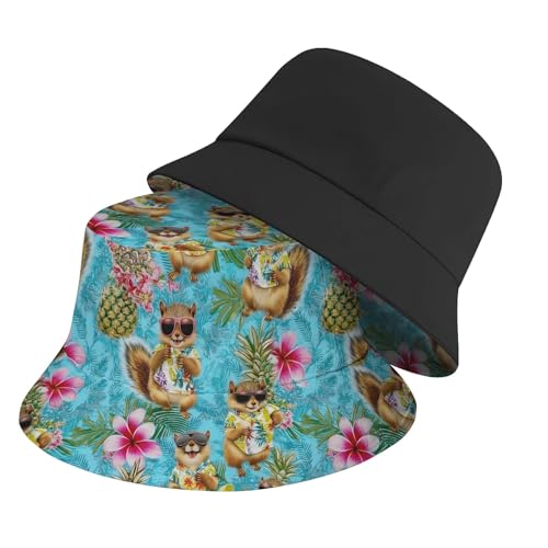 Amasnay Neon Bucket Hat Cotton Double-Side-Wear Reversible Sun Hat for Women Men, Summer Vacation Travel Beach Fisherman Hat - color: Floral Squirrel