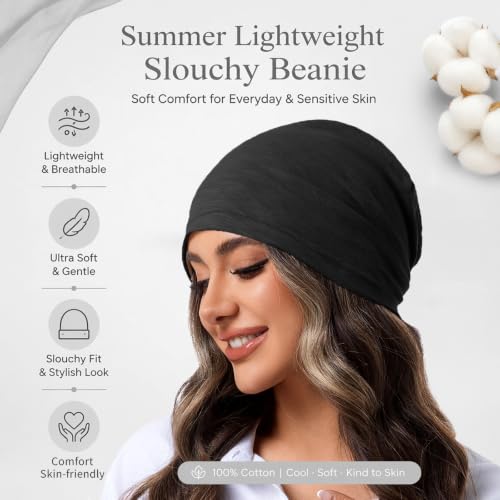 vidsel 100% Cotton Slouchy Beanie, Lightweight Summer Hats for Women Men - color: 1pc Black, size: Medium