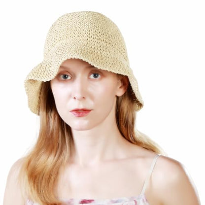Floppy Straw Sun Hat Foldable Hand-Woven Crochet Straw Hats Outdoor Summer Beach Headwear for Women Girl Beige