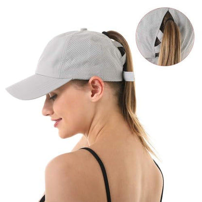 Womens Criss Cross Ponytail Hat Quick Drying Baseball Cap Sun Hats UV Protection Sport Cap - color: Black+grey
