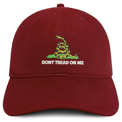 Trendy Apparel Shop Don't Tread on Me Embroidered Unstructured Cotton Dad Hat - color: Maroon