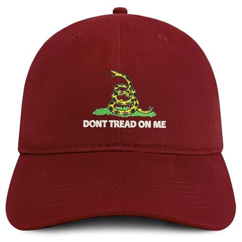 Trendy Apparel Shop Don't Tread on Me Embroidered Unstructured Cotton Dad Hat - color: Maroon