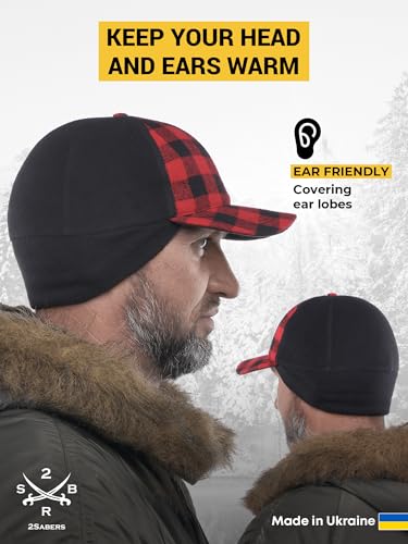 2SBR 2SABERS Mens Winter Hat with Earflaps and Visor - Warm Trucker Baseball Cap Hat - color: Red Plaid, size: Medium
