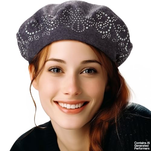LADYBRO Rhinestone Beret Hats for Women 2 Layers Wool Knit Cap Lady Winter - color: Grey