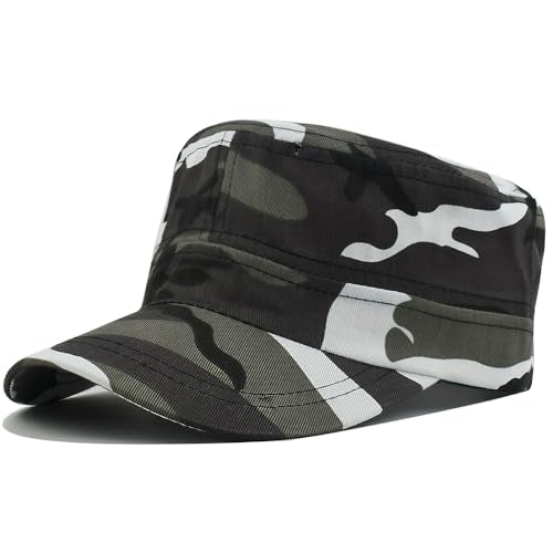 Cadet Army Cap for Men Women Military Adjustable Unisex Flat Top Hat - color: Camo White