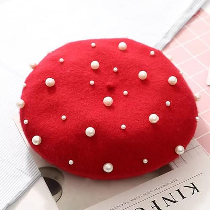2 Pcs Winter Wool Berets Pearl French Style Beanie Cap Solid Color Winter Hat Beaded Beret Cap for Women and Girls Casual Use （Black, Red）