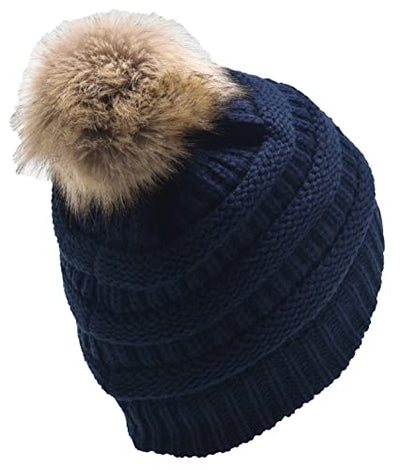 C.C Trendy Fuzzy Fleece Lined Warm Comfortable Soft Stretch Cable Knit Ribbed Faux Fur Pom Pom Beanie Hat - color: Navy Blue