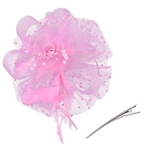 Century Star 2026 Kentucky Hat Derby Fascinator for Women Tea Party Flower Mesh Ribbons Feathers Headband Hair Clips - color: Pink