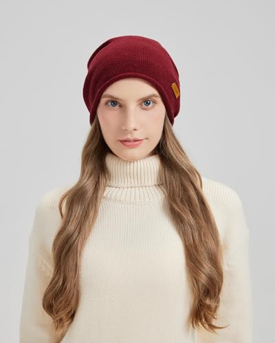 100% Merino Wool Slouchy Beanie Hat, Women Warm Winter Caps Soft, Ladies Breathable & Cozy Stretchy Knitted Skull Cap - color: Deep Red
