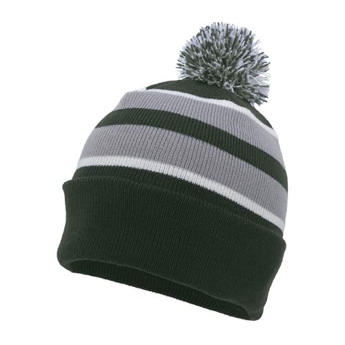 Pacific Headwear Unisex Adult Pacific Headwear Knit Fold Over Pom-pom Beanie - color: Dark Green/Silver/White, size: One Size