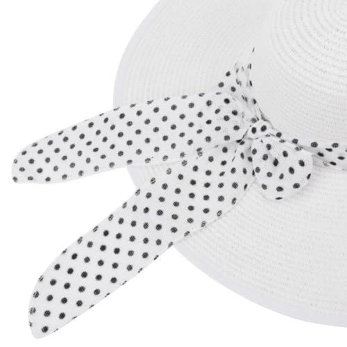 DRESHOW Beach Hats for Women Big Straw Wide Brim Summer Hat Floppy Foldable Roll up Cap Sun Hat UPF 50+ - color: 1 Pack With Polka Dot Bow: White