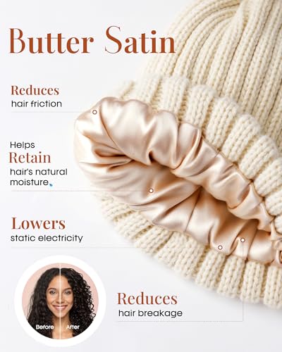 FURTALK Womens Winter Beanie Hat Satin Lined Faux Fur Pom Pom Beanies Hat for Women Winter Warm Knit Hats - color: Beige
