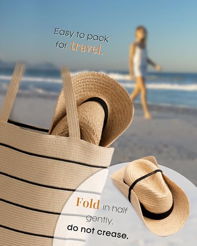 FURTALK Raffia Straw Sun Hat Wide Brim Fedora Panama Hat for Women Men - size: Large-X-Large