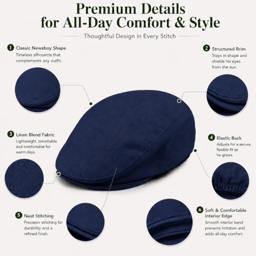 Bienzoe Boys Newsboy Flat Hat: Classic Linen Cap Lightweight - color: Navy, size: 6-7 Years