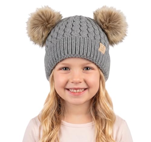 C.C Kids' Cable Knit Double Pom Beanie for Kids - Comfortable Soft Warm Children Skully Hat with Pom - color: Natural Faux Fur Pom Light Melange Gray