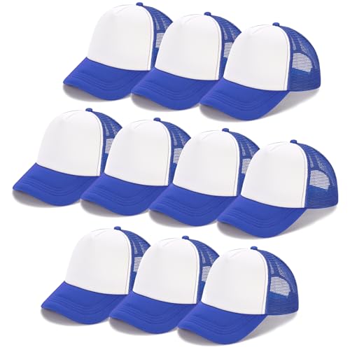 Ultrafun 10 Pack Trucker Hat Mesh Sublimation Blank Hats Adjustable Baseball Caps Hats for Men Women - color: Royal Blue White