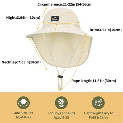 ZOORON Kids Sun Hat with Neck Flap Beach Fishing Bucket for Boys Girls - color: White