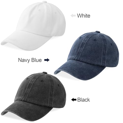MEINICY 3 Packs Washed-Cotton Plain Baseball Cap, Adjustable Dad Hat - color: Black + Navy Blue+ White