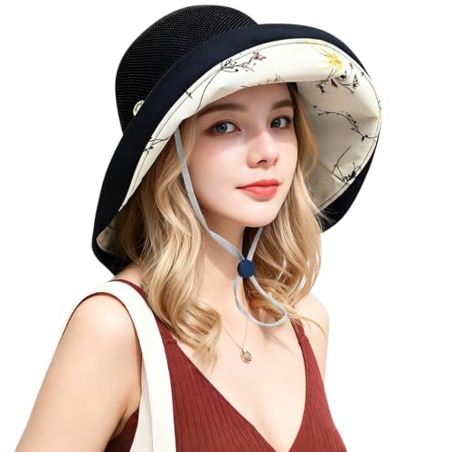 Women Wide Brim Sun Hats Metal Wired Edge Summer UV Protection Beach Fishing Hat for Hiking Garden Travel Chin Strap - color: M9163-black, size: One Size