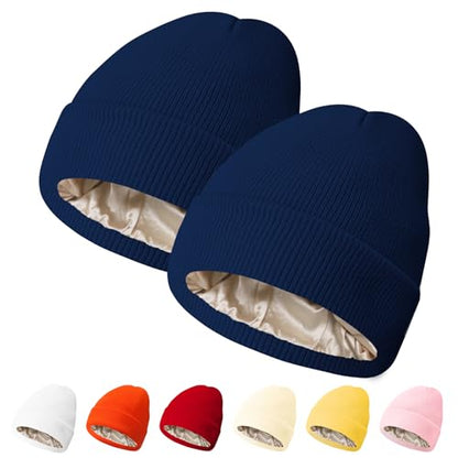 PFFY Womens Satin Lined Beanie Silk Lining Winter Hats Beanies for Women - color: Blue+blue